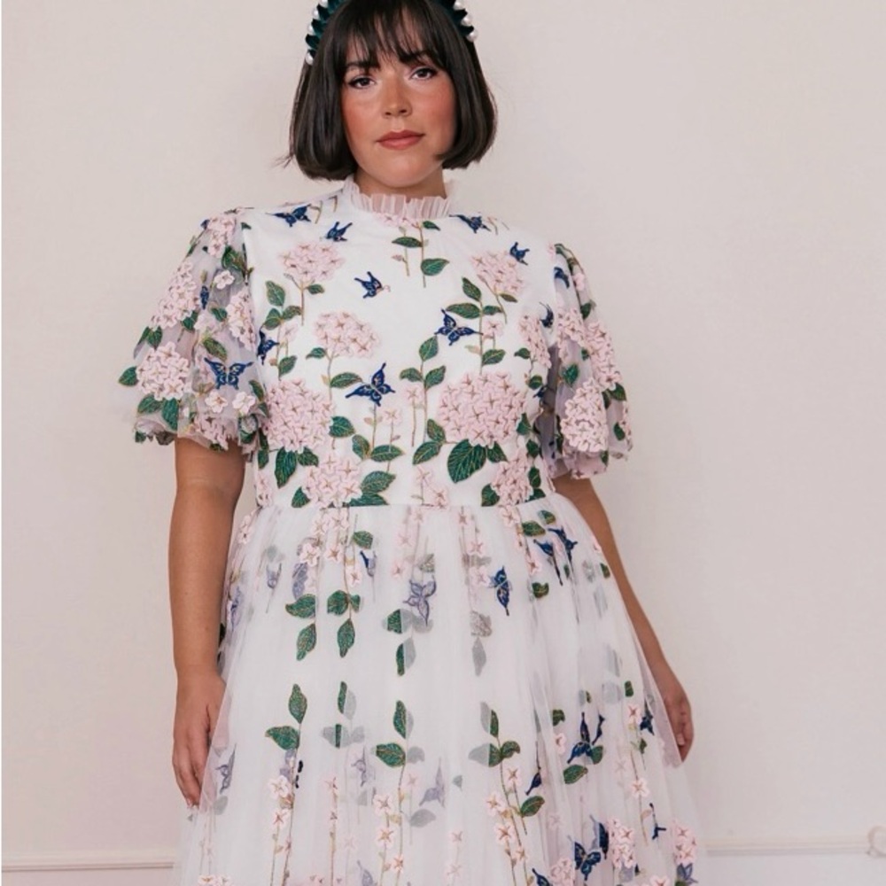 Floral Embroidered Tea Length Dress